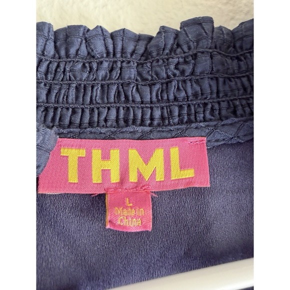 THML Navy Embroidered Puff Sleeve V-neck Textured Midi Dress Size Large - Picture 2 of 11